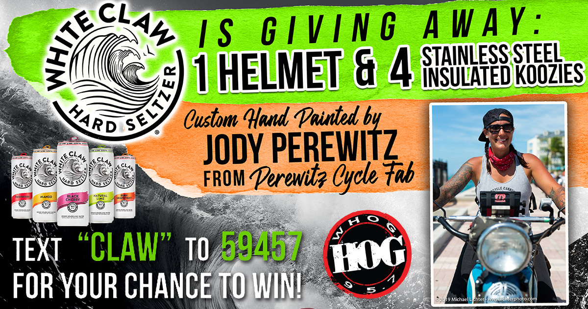 White Claw Hard Seltzer and 95.7 The Hog has your chance to win a custom hand-painted by Jody Perewitz motorcycle helmet